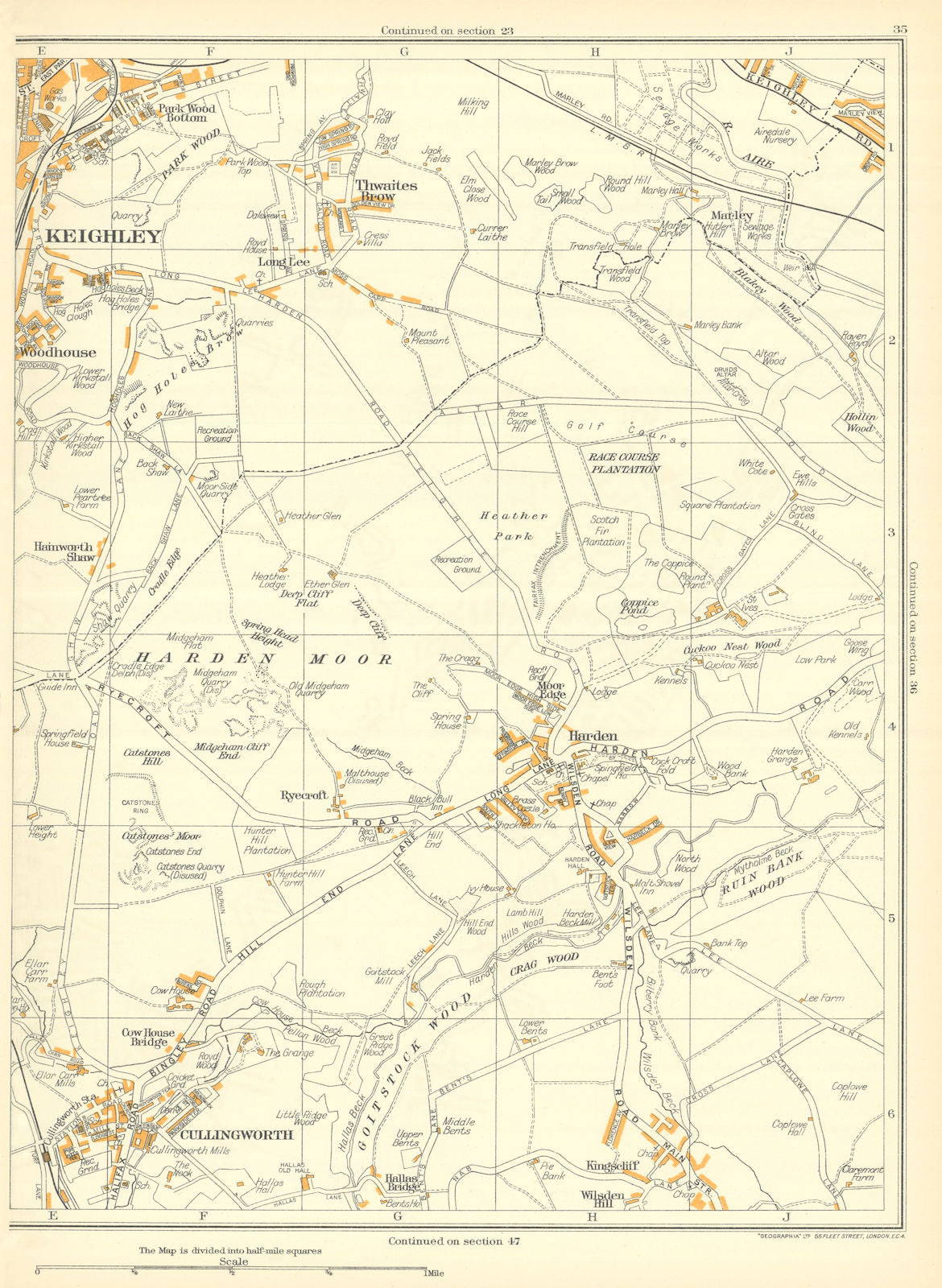 KEIGHLEY Woodhouse Cullingworth Thwaites Brow Ryecroft Harden 1935 old map